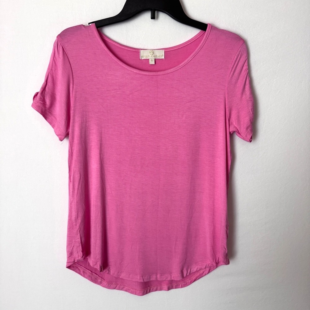 Simply Southern Womens Small T-Shirt Pink Split Sleeve Rayon Spandex Scoop Neck